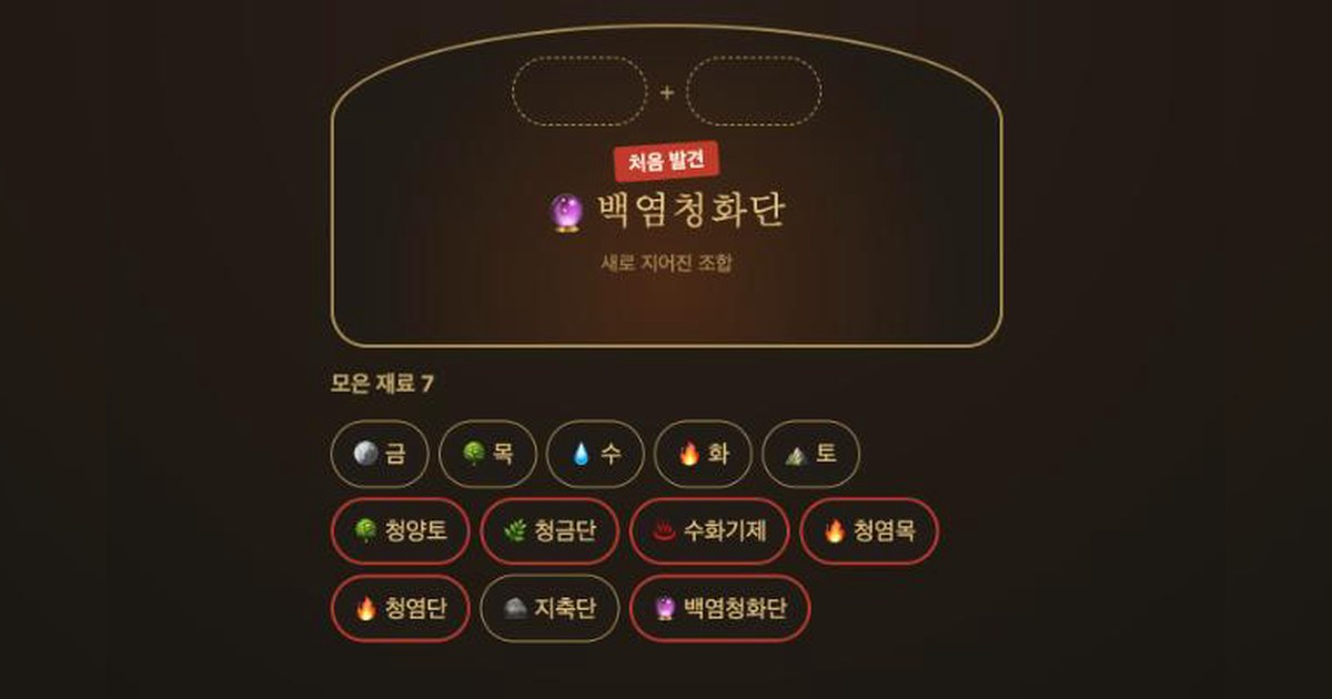 단로 위에 '처음 발견' 표시와 함께 백염청화단이 나타난 화면, 아래에 금·목·수·화·토와 새로 만든 재료들이 놓여 있다